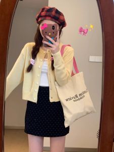 Laid-back Style Milk Blue Early Autumn New Simple Knitted Open Cardigan Sweater Women Loose Long Sleeve Top Korean Version Commute Style