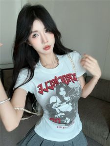 GUZILIAN | American Style Printed T-Shirt Summer New White Slim Fit Round Neck Short Sleeve Pure Desire Spicy Girl Top Commute Style Korean Version