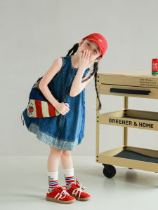 Color Block Zipper Denim Skirt for Girls Summer New Style Children Sleeveless Fashion Personality Contrast Color Dress