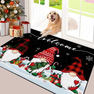 VIKAMA Holiday Doormat Black Background Snowmen Xmas Tree Snowflake Pattern Anti Slip Rug For Entryway Hallway Xmas Home Decor