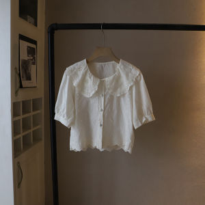 เสื้อเชิ้ตแขนสั้นผู้หญิงสไตล์เกาหลีหรูหราปักลายผ้าฝ้ายลูกไม้สไตล์ฝรั่งเศสฤดูร้อนปี 2025 กระโปรงสั้นฤดูร้อน