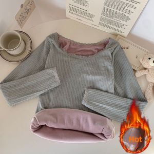 chaqi | Lace Trim Round Neck Thermal Long Sleeve T-Shirt Womens Autumn Winter New Style Fleece Lined Thickened Slim Fit Base Shirt