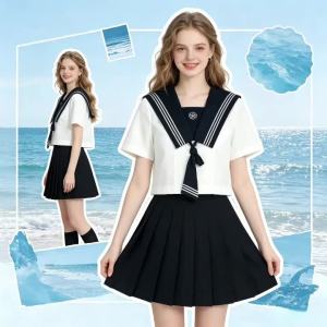 Japanese Academy Style Sweet White Sailor Suit with Black Collar JK Uniform 2-Piece Set for Campus Daily & Graduation Wear