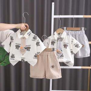 Summer baby boy suits bear tie short-sleeved shirt shorts little boy casual fashion polo shirt baby clothes two-piece set