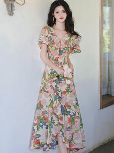 Retro Elegant Waist-Cinching Print Dress Gentle Style Beautiful Lace Trim Long Summer Dress Soft Medium Stretch V-neck Short Sleeve