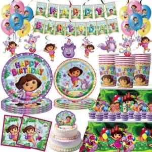 Kayou | Doras Birthday Disposable Tableware Cartoon Paper Plates Cups Napkins Tablecloth Baby Shower Cute Girls Theme Party Decorations