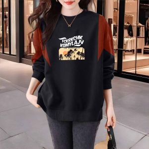 Spring Fashion Pure Cotton Womens Sweatshirt round Neck Splice Color Block Trendy Top Small Size Matching Street Style