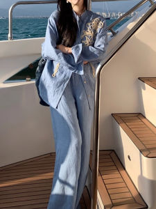 Summer Poem Full Linen Embroidered Vintage Blue White Shirt High Waist Straight Leg Wide Leg Pants Women Spring Summer Set