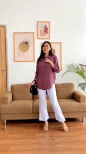 Kemeja Polos Linen Wanita Kerah Shanghai Banyak Warna