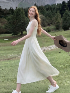 French Style Slim Fitting Ruched Waist Sleeveless Long Dress