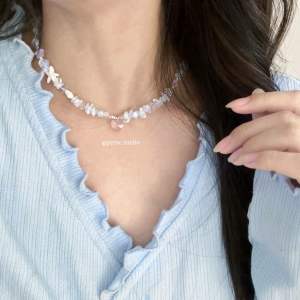 Vòng cổ đá mặt tim tông hồng xanh Nallie Choker KHÔNG GỈ dây chuyền dáng ngắn basic phong cách hàn quốc dành cho mùa hè