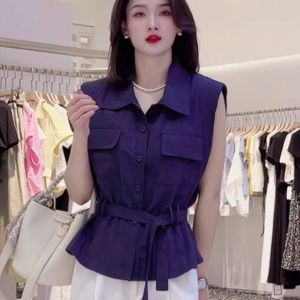 Fashionable Sleeveless Waist-Cinching Shirt Womens Summer 2025 New Style Elegant Slimming Top Quality Material Polo Collar