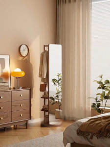 Wooden Rotating Full-Length Dressing Mirror with Storage Shelves Coat Rack & Hooks | Bedroom & Entryway Wardrobe Organizer