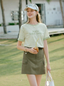 XIANGYING | Green Stripe Letter Print Short Sleeve T-shirt