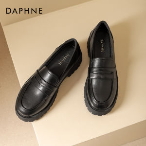 Daphne 2024 Spring Womens Flats Thick Bottom Casual Shoes Black Leather round Toe mid Heel Rubber Outsole Fashionable All-Match