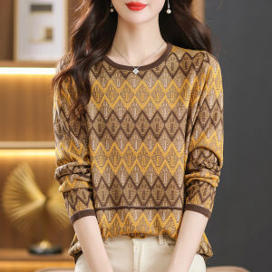 Autumn New plus Size Loose Fit Long Sleeve Womens Knitted Silk T-Shirt Color Block Base Shirt Thin Korean Style round Neck