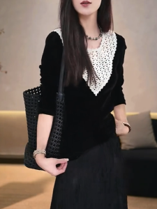 QINGNAER | Luxurious Elegant Hollow Out Velvet Knit Shirt Extra Large
