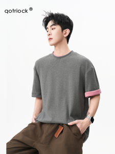 QOTRIOCK | American Color Block Cuff Crew Neck Tshirt Short Sleeve