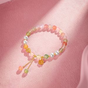 ZHOU LIU FU 周六福 925 Sterling Silver Agate Beaded Bracelets Cute Small Flower Heart Charm Freshwater Pearl Chalcedony Beads Stretch Bracelet for Women Girl 17cm J1913705