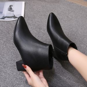 Leather Mid Heel Work Shoes Womens Black Womens Leather Shoes Fleece-Lined Womens Shoes Ankle Boots Female Boots Worker Boot Autumn and Winter