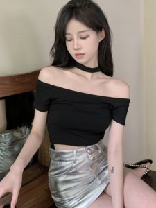 Sweet And Spicy Short Sleeve T-Shirt One Shoulder Neck Hanging Womens Slim Fit Top Korean Style Commute Pure Color Summer Cotton