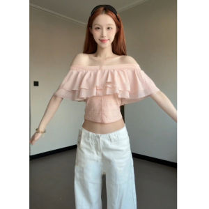 YUEZHONGWEI | Áo Thun Nữ Dáng Ôm Tay Ngắn Quai Đeo Vai Ruffle Màu Hồng