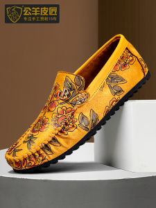 Fashionable Printed Loafers Mens Spring Autumn Casual Slip-On Deer Skin Shoes Breathable round Toe Flat Heel Summer Shoes