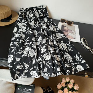 Korean Style Floral Print Half Skirt Womens A-Line Cotton Maxi Umbrella Skirt Slimming Elastic Waist Summer New Arrival