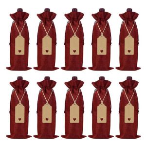 10PCS Rustic Jute Burlap Wine Bags Drawstring Wine Bottle Covers Reusable Bottle Wrap Gift Package Wine Bags 15*35Cm