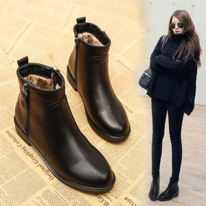 Same Day Delivery Boots Womens Booties Fleece-lined Boots Easiest for Match Womens Flat Boots Plus Size 41 Fall and Winter Leather Womens Shoes Ankle Boots