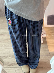 High Waist Plaid Sleep Pants Women Summer Bubble Cotton Casual Loose Long Home Pants Korean Style Youth Cartoon Print