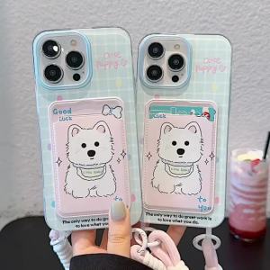 Cute cartoon Western Highland dog card pack phone case for iPhone 11 12 13 14 15 16 Pro Max Plus TPU soft cover with hanging rope for iPhone11 case casing