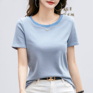 Women Short Sleeve Round-neck T-shirt Stripe Tee Casual Tops 93% Cotton