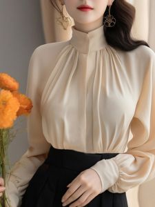 French Elegant Long Sleeve Shirt Womens Fashion Design Commute Layering Shirt Pearlescent Stand Collar Spring Autumn New Style