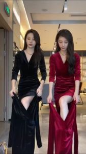 dandelia / DRESS MIDI VELVET bm / dress wanita / dress velvet / bodydress / midi dress / party dress / dress bludru / GAUN BELUDRU EMAS WANITA 2022 MUSIM GUGUR DAN MUSIM DINGIN WANITA BARU TEMPERAMEN SLIM PINGGANG V-LEHER RETRO GAYA BARAT ROK A LINE