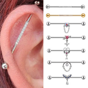 Heart-Shaped Zircon Crystal Long Earring Stainless Steel Industrial Barbell Earrings 14g Industrial Earrings Cartilage Piercing