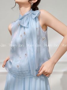 PlumJan | Elegant Sweet French Style Halter Top Flower Embroidery Bowtie Vacation Sleeveless Top