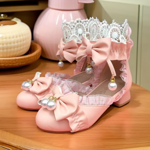 Summer Childrens Loafers Princess High Heels Girls Butterfly Knot Bow Head Cover Lolita Shoes for Girls Fashionable Sandals