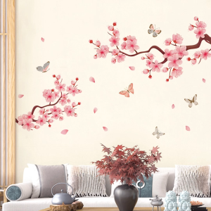 Decal giấy dán tường hoa anh đào bay bướm thanh lịch sang trọng - Trang trí phòng khách và phòng ngủ
