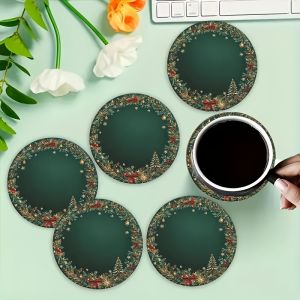 2D Retro Green Christmas Snowball Pine Tree 4in Wooden Coasters Set for Home Office Coffee Table Decor 2026 New Year Party Gift