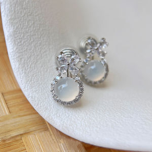 Sweet Lychee Ice through White Agate 925 Silver New Chinese Style Earrings No Piercing Mosquito Coil Clip-On for Women