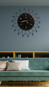 Jam Dinding Analog Silent Sweep Movement Desain Sunrise Bingkai Emas untuk Dekorasi Ruang Tamu