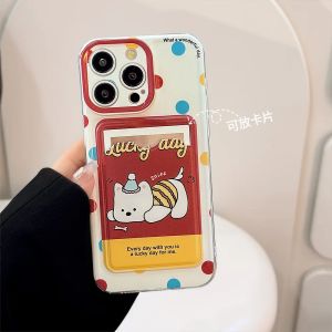 Cute Cartoon Puppy Bracket Card Holder Phone Case With Lanyard for iPhone 16 15 14 13 12 11 Pro Max XS X XR 7 8 Plus Soft Cover