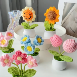 Handmade Woven Potted Simulation Sunflowers Flower Yarn Crochet Knitte Home Ornaments Christmas Gift