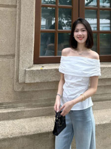 YUEZHONGWEI | French Style Off Shoulder White Short Sleeve Shirt Women Summer Design Sensation Small Size Waist Cinch Pleated Shoulder Top