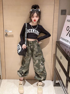 Camouflage Work Pants for Girls Big Kids Military Green American Style Long Pants Autumn Spring Childrens Clothing