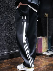 Mens Sport Pants Autumn Season Loose Fit Straight Leg Trousers Casual High Street Style Patchwork Striped Sweatpants