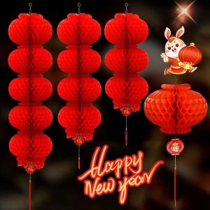 2Pcs Creative String Honeycomb Red Paper Lanterns Waterproof Plastic Oil Paper Hanging Lanterns Chinese Spring Festival Home Decor