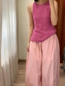 Sweet Style Womens Knitted Vest Sleeveless round Neck Pink Color Summer Fashion Casual Top Low Cut Design Comfortable Fit