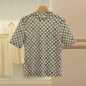 Slim Fit Floral Plaid T-Shirt Casual Short Sleeve Womens Style Commute Pure Color Polyester Fiber round Neck Regular Length